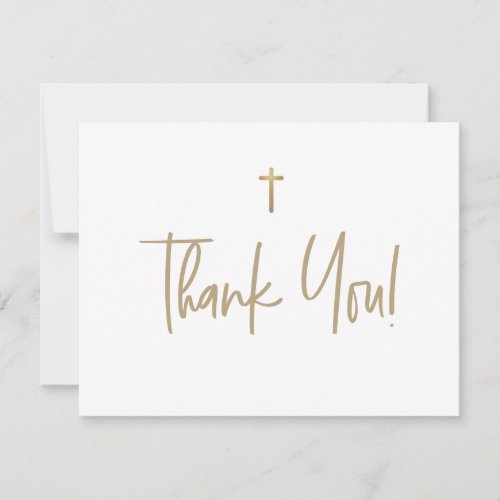 White and Gold Cross Boy name First communion Thank You Card