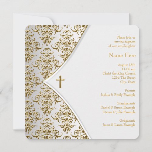 White and Gold Cross Christening Invitations