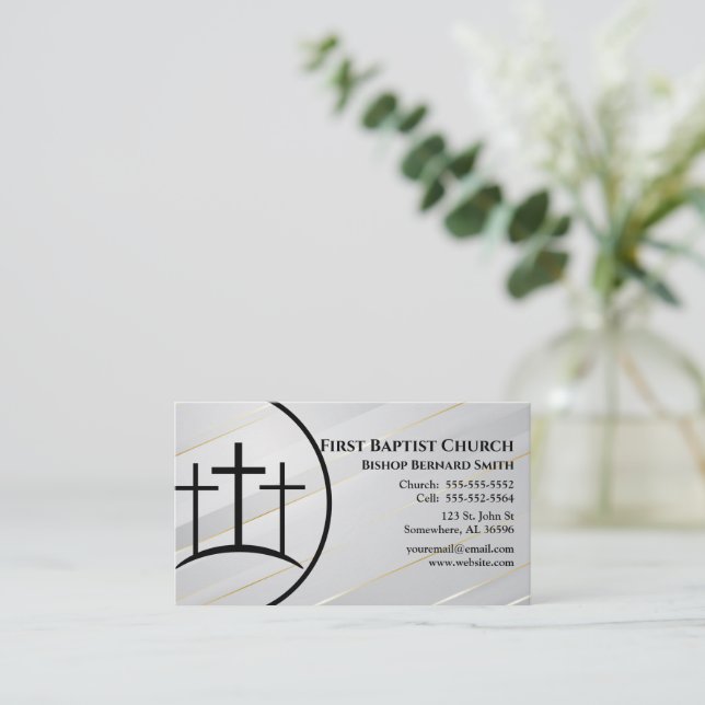White and Gold Cross Church Pastor or Deacon Business Card (Standing Front)