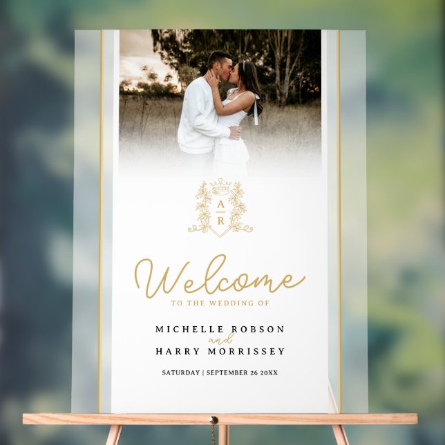 White and gold crown crest monogram wedding photo  acrylic sign (Neutral)
