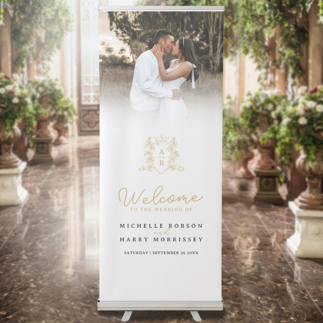 White and gold crown crest monogram wedding photo retractable banner (Creator Uploaded)