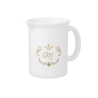 White and Gold Crown Crest Monogrammed Beverage Pitcher