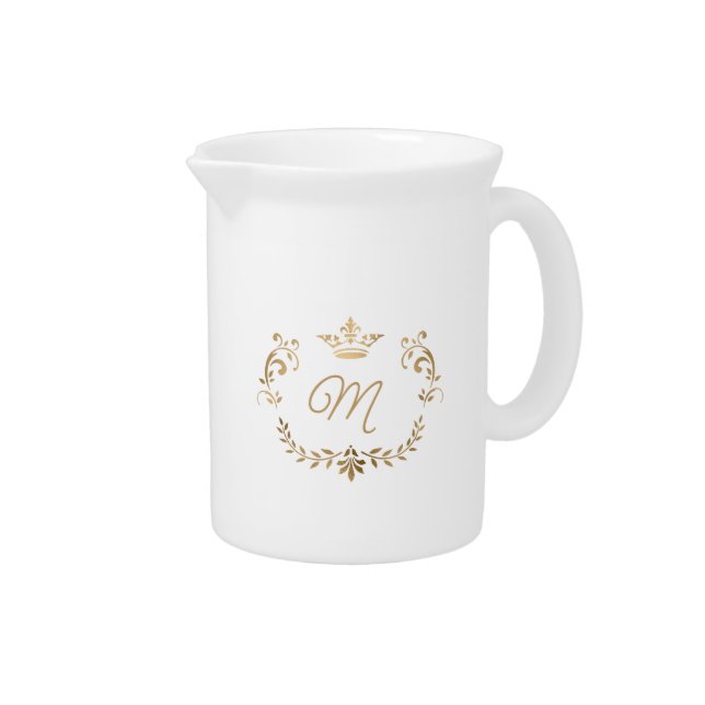 White and Gold Crown Crest Monogrammed Beverage Pitcher (Right)