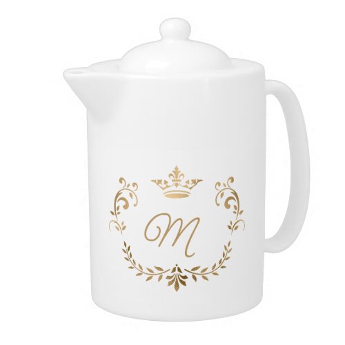 White and Gold Crown Crest Monogrammed  Teapot