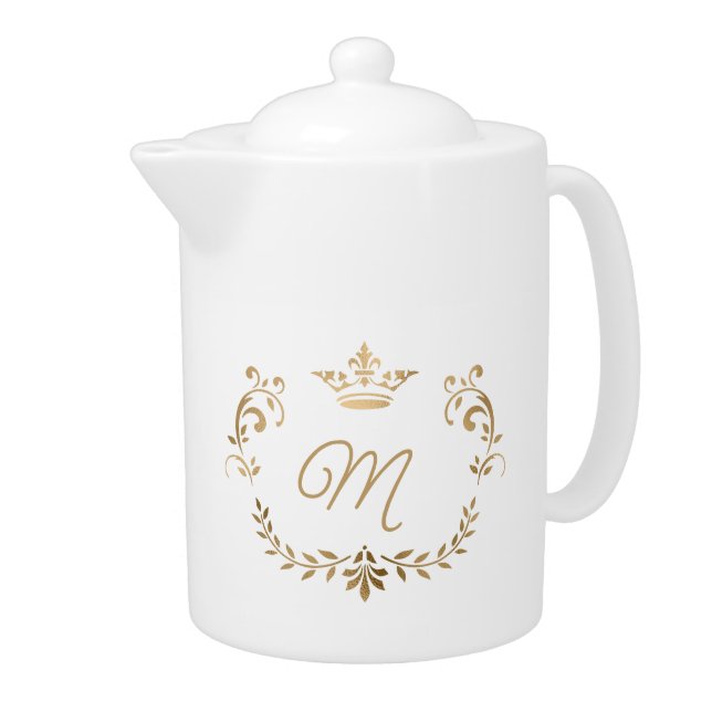 White and Gold Crown Crest Monogrammed  Teapot (Right)