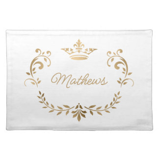 White and Gold Crown Crest Personalized Cloth Placemat