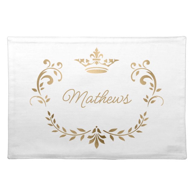 White and Gold Crown Crest Personalized Cloth Placemat (Front)