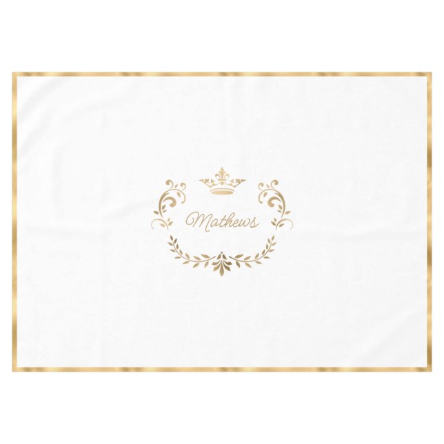 White and Gold Crown Crest Personalized Tablecloth (Front (Horizontal))