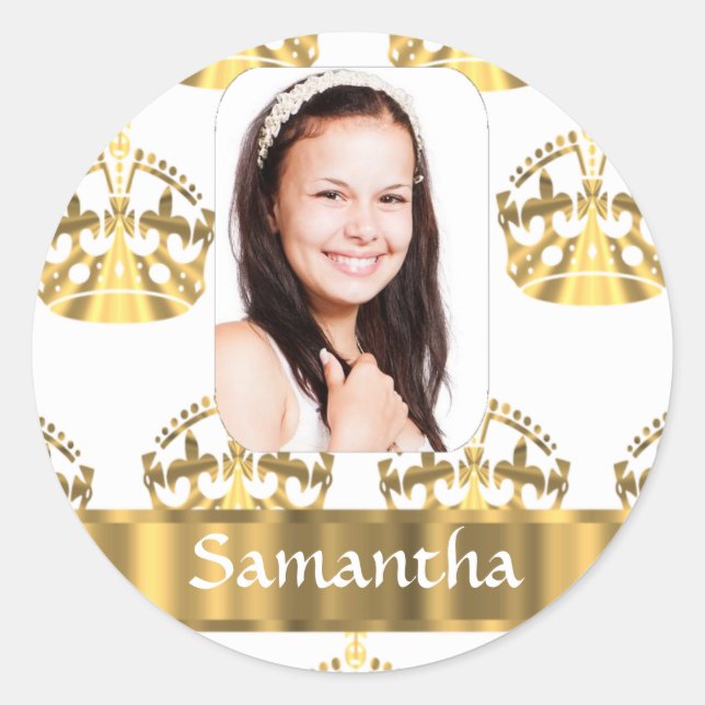 White and gold crowns classic round sticker (Front)