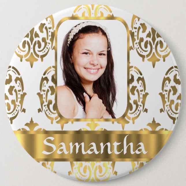 White and gold damask button (Front)