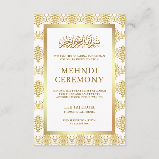 White and Gold Damask Islamic Muslim Mehndi Enclosure Card (Front)