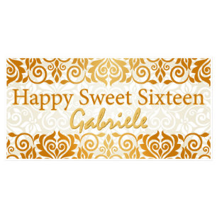 White and Gold Damask Sweet 16 Birthday Banner