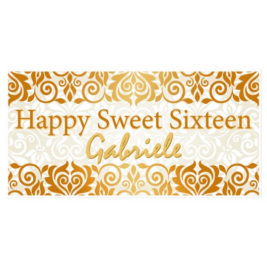 White and Gold Damask Sweet 16 Birthday Banner (Front)