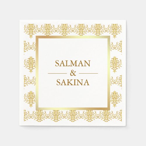 White and Gold Damask Wedding Napkins