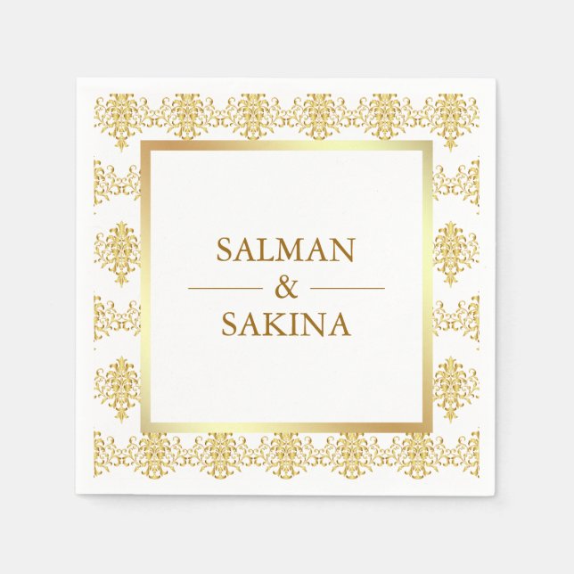 White and Gold Damask Wedding Napkins (Front)