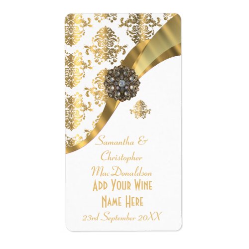 White and gold damask wedding wine bottle label