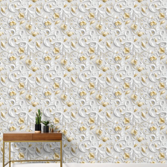 White And Gold Decorative Flora Floral Wallpaper (Hallway)