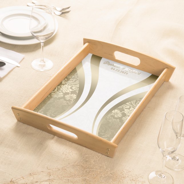 White And Gold Dynamic Geometric Damasks  Serving Tray (Front)