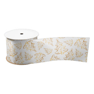 White and Gold Elegant Christmas Trees Satin Ribbon