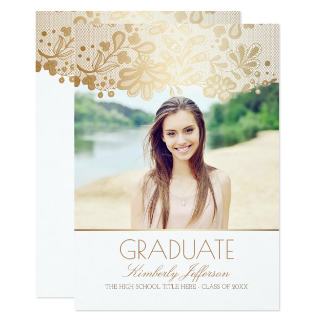 White and Gold Elegant Lace Photo Graduation Party Card