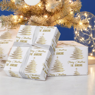 White And Gold Elegant Merry Christmas Tree Name Wrapping Paper