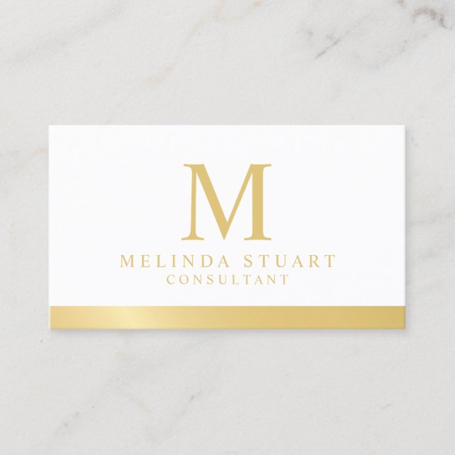 White and Gold Elegant Monogram Business Card (Front)