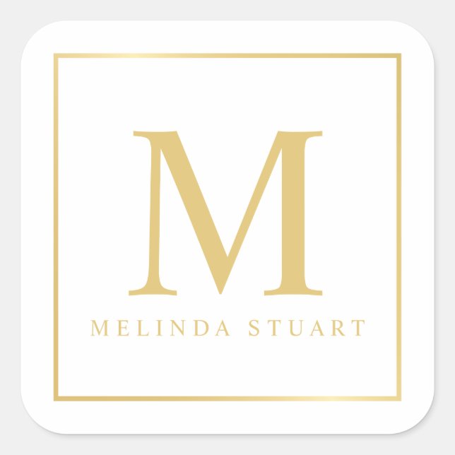 White and Gold Elegant Monogram Square Sticker (Front)