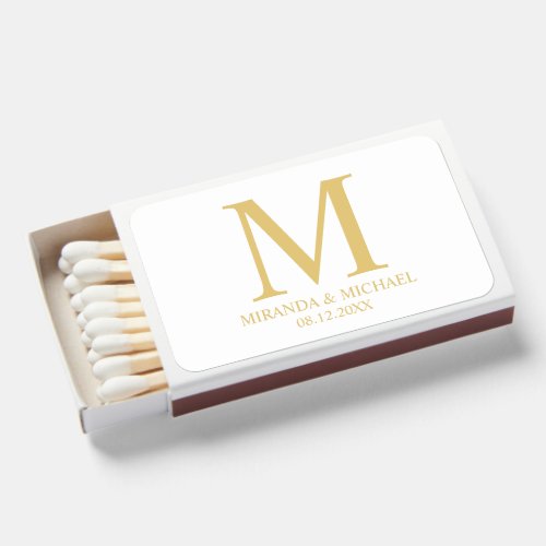 White and Gold Elegant Monogram Wedding Favor Matchboxes