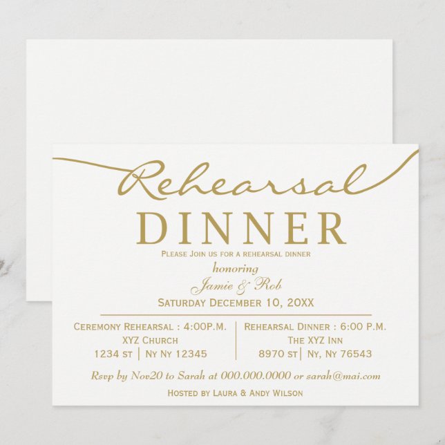 white and gold Elegant Script Rehearsal Dinner Invitation (Front/Back)