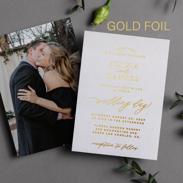 White and gold elegant typography photo wedding foil invitation (Creator Uploaded)
