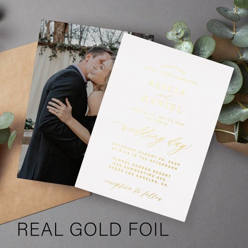 White and gold elegant typography photo wedding foil invitation