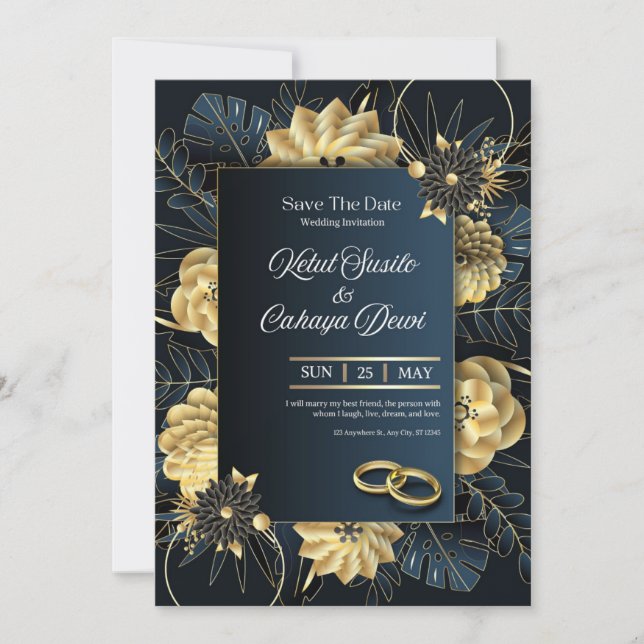 White and gold elegant wedding invitation (Front)