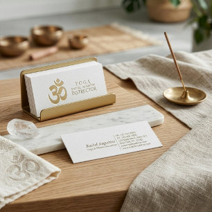 White and Gold Embossed OM Symbol Yoga Instructor Mini Business Card