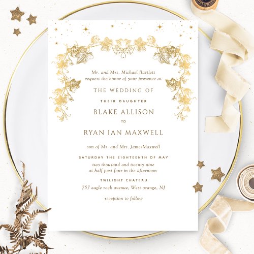 White and Gold Enchanting Celestial Formal Wedding Invitation
