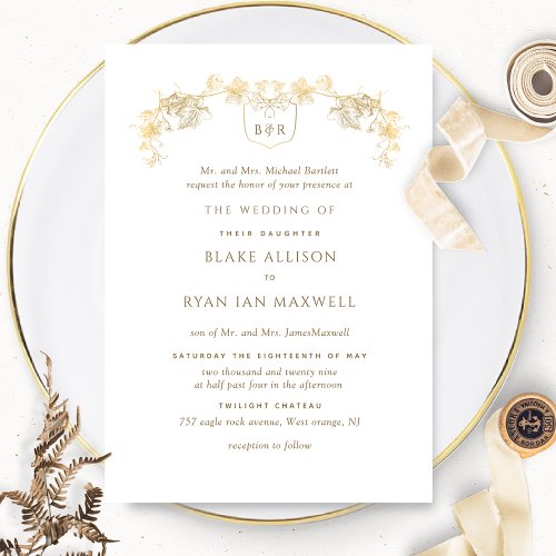 White and Gold Enchanting Monogram Formal Wedding Invitation