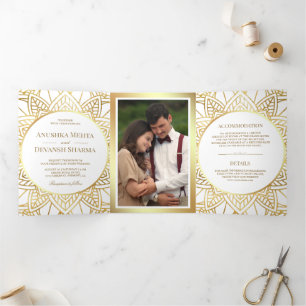 White and Gold Ethnic Mandala Indian Wedding Tri-Fold Invitation