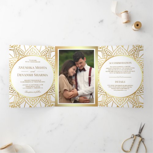 White and Gold Ethnic Mandala Indian Wedding Tri_Fold Invitation