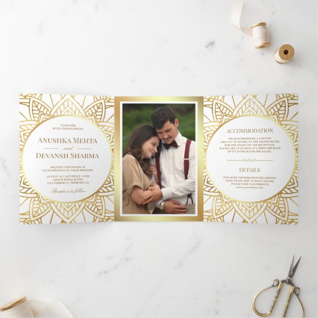 White and Gold Ethnic Mandala Indian Wedding Tri-Fold Invitation (Inside)