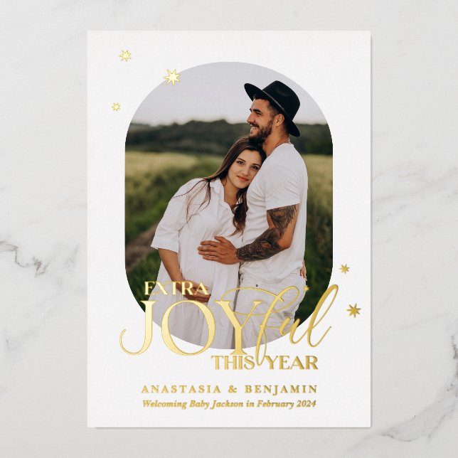 White and Gold Extra Joyful Pregnancy Christmas  Foil Holiday Card (Front)