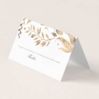 White and Gold Fall Leaves Wedding Place Card