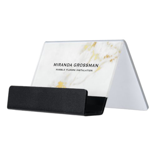 White and gold faux marble background desk business card holder