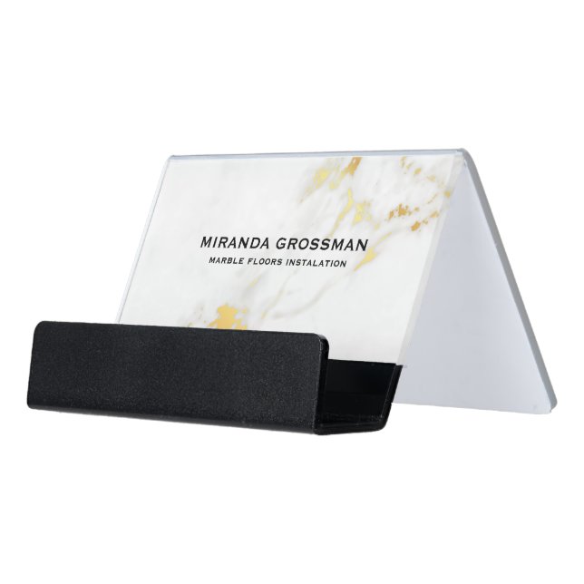 White and gold faux marble background desk business card holder (Angled Front)