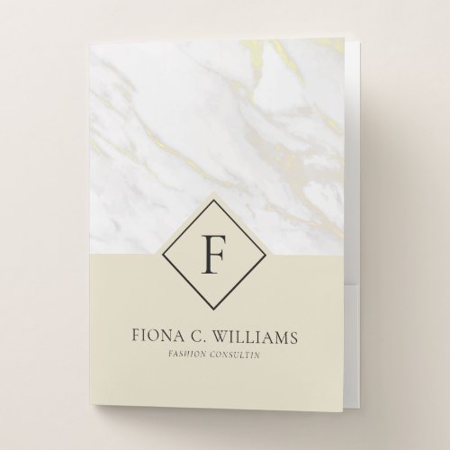 White and gold faux marble beige background pocket folder