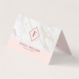 White and gold faux marble monogram business card