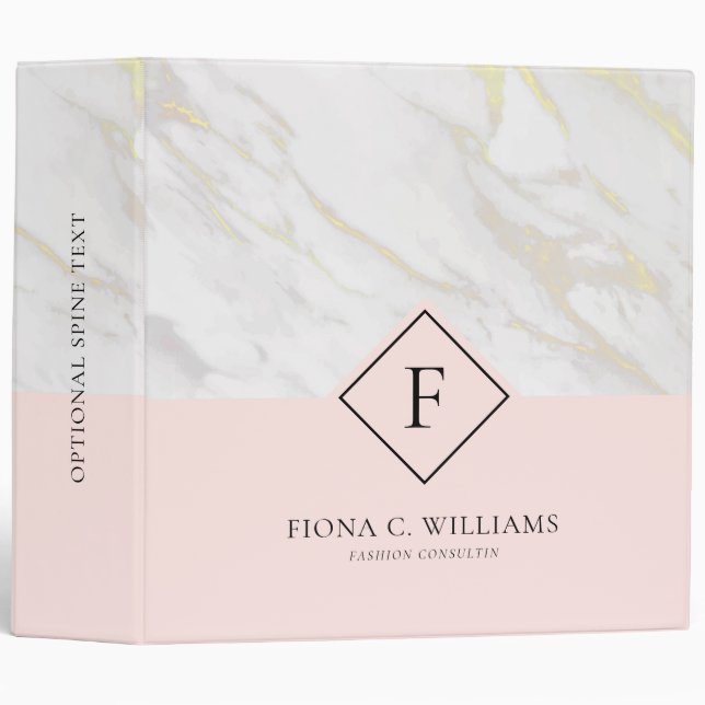 White and gold faux marble pink background 3 ring binder (Front/Spine)