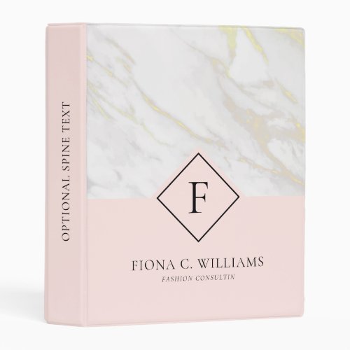 White and gold faux marble pink background 3 ring  mini binder