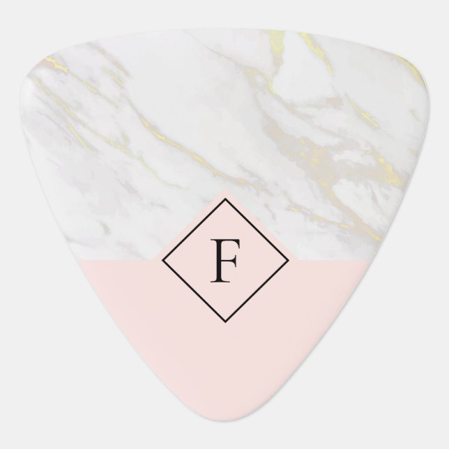 White and gold faux marble pink background guitar pick (Front)