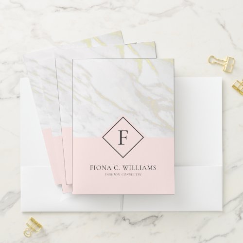 White and gold faux marble pink background pocket folder
