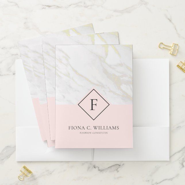 White and gold faux marble pink background pocket folder (In Situ)