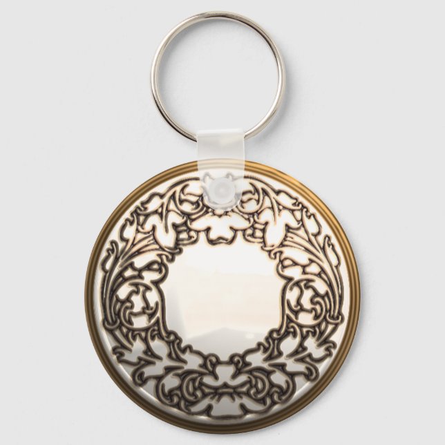 White and gold filigree glass sewing button  keychain (Front)